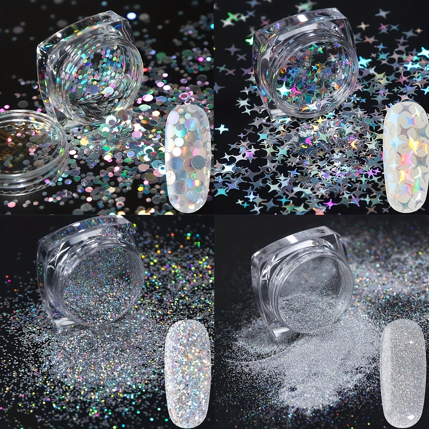 8 Boxes Holographic Nail Powder Nail Art Sequins Set Silver Nail Glitter Powder