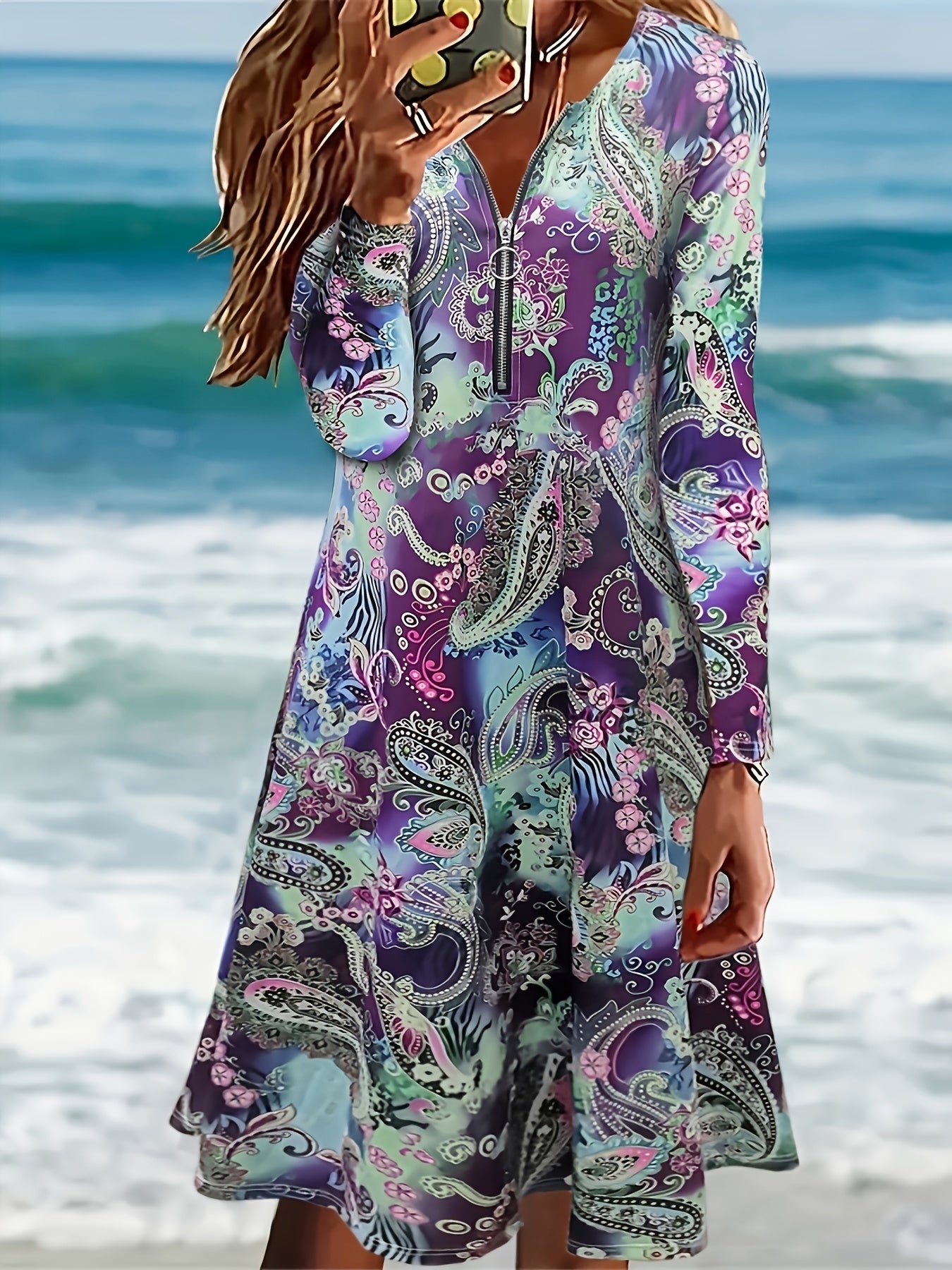  Paisley Print Long Sleeve Half Zipper Boho Dress