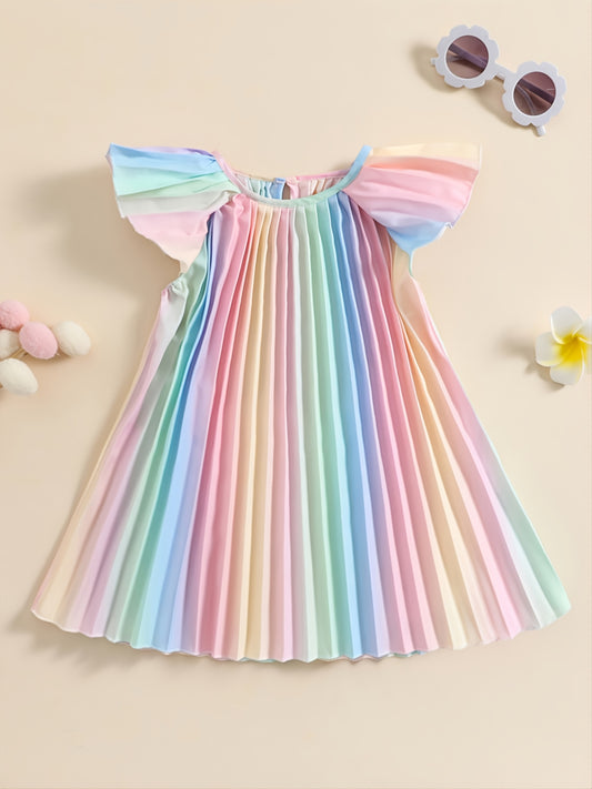 Girls Small Flying Sleeve Gradient Colorful Pleated Dress