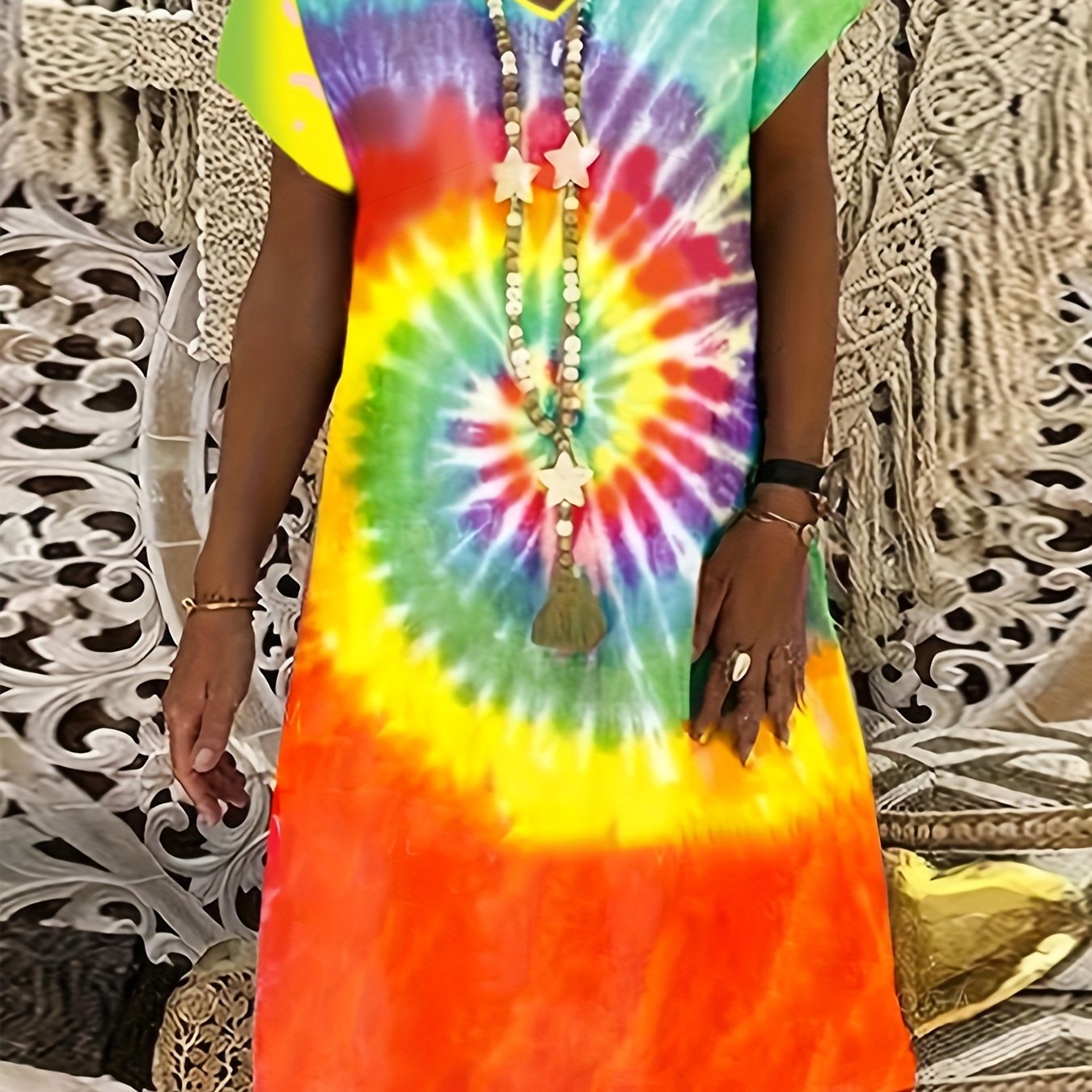  Tie Dye V Neck Casual Dress