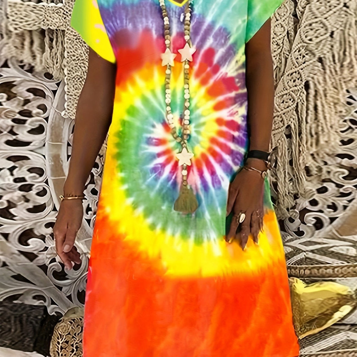  Tie Dye V Neck Casual Dress