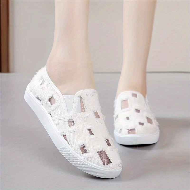 Women's Plaid Slip-On Mesh Canvas Shoes Casual & Breathable Flat Comfy Shoes