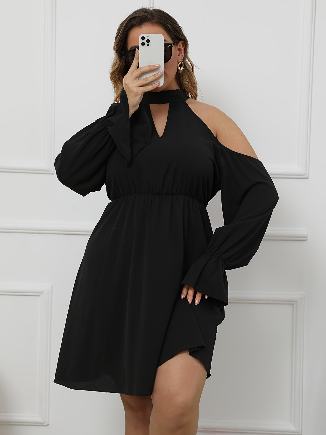 Solid Halter Neck Off Shoulder Cut Out Midi Dress