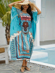  Boho Cover Up Women's Plus Ethnic Print Batwing Sleeve Round Neck