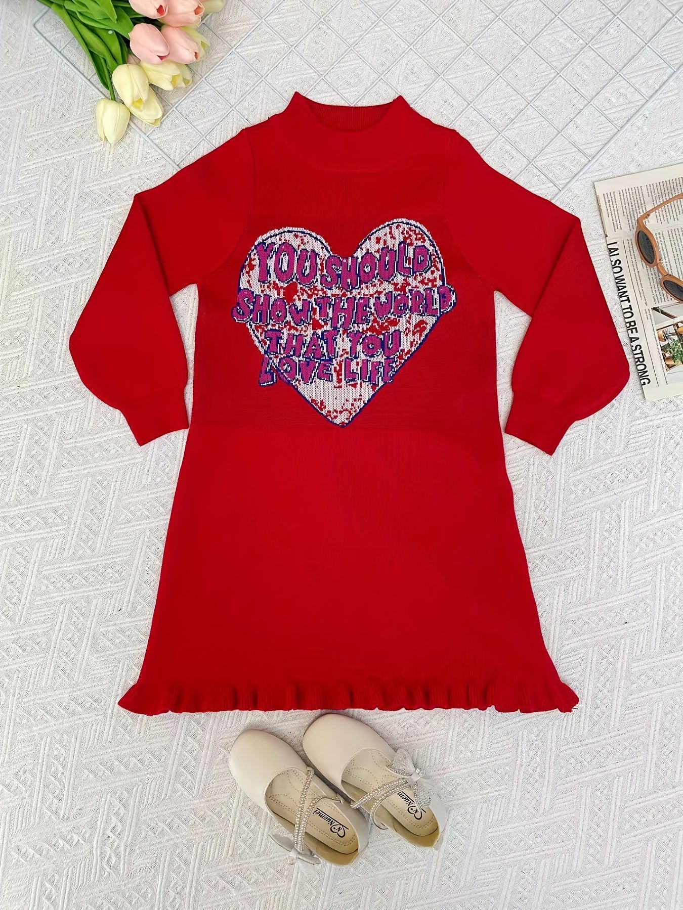 Girls Knitted Heart Jacquard Sweater Dress for Autumn and Winter