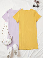 2 Pack Plus Size Ribbed Short Sleeve Dress Set Women's Plus Solid Round Neck