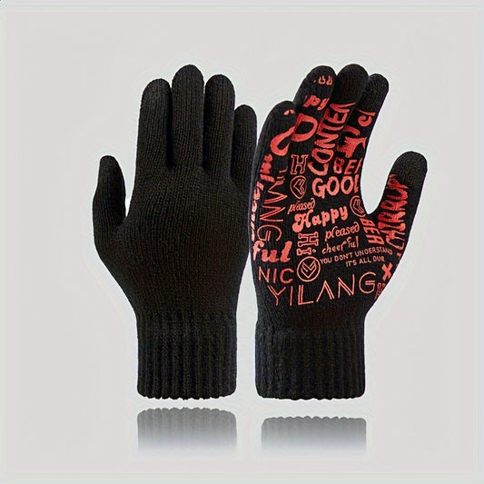 Winter Letter Printed Warm Knitted Gloves Touch Screen Thick Gloves