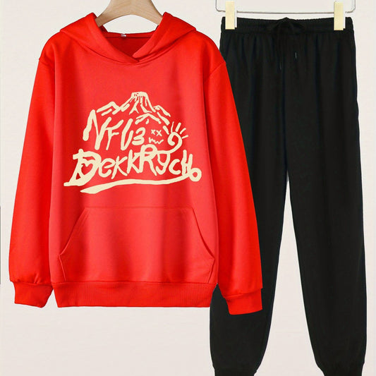 2pcs Mountain & Letter Print Hoodies With Jogger Pants Set For Girls