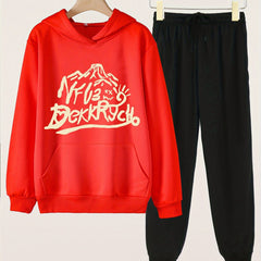 2pcs Mountain & Letter Print Hoodies With Jogger Pants Set For Girls