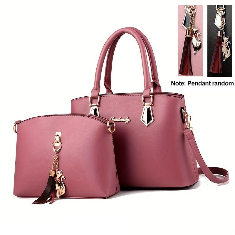 2pcs Tassel Decor Handbag & Crossbody Bag Set Women's Office & Work Purse