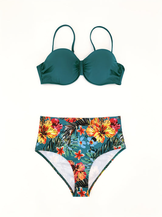 Tropical Print High Waist Bikini Set Spaghetti Straps Back Tie Swimsuit