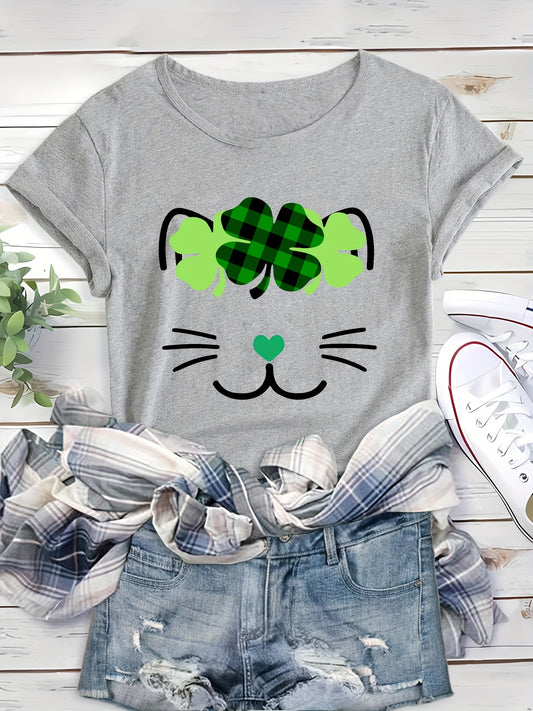 St Patrick's Leaf And Cat Graphic Causal Sports T-shirt Round Neck