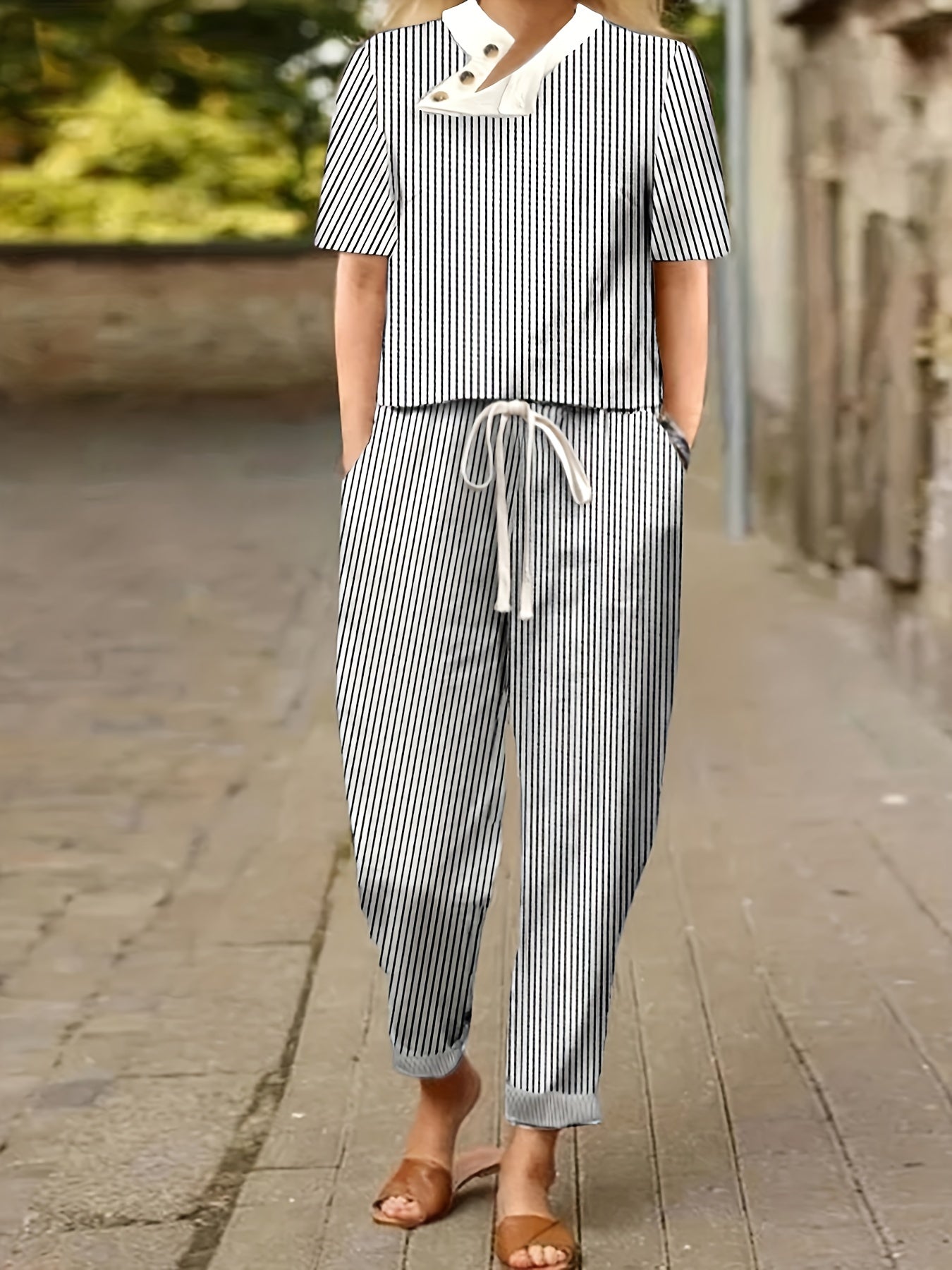 Women's Plus Stripe Print Button Decor Short Sleeve Top & Pants Two Piece