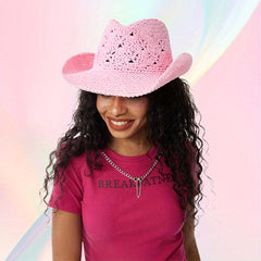 Vintage Y2K Hollow Crochet Straw Cowboy Hat