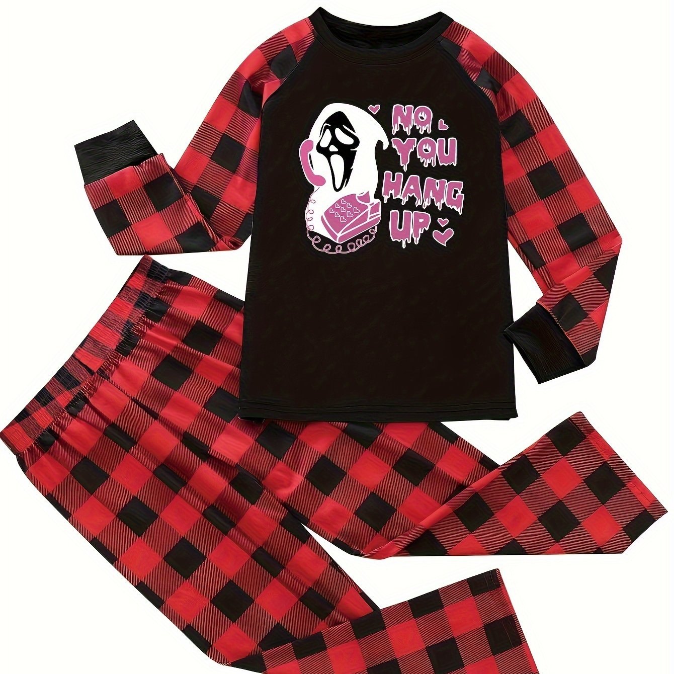  Halloween Pajama Set Women's Ghost & Plaid Tee & Pants Lounge Set