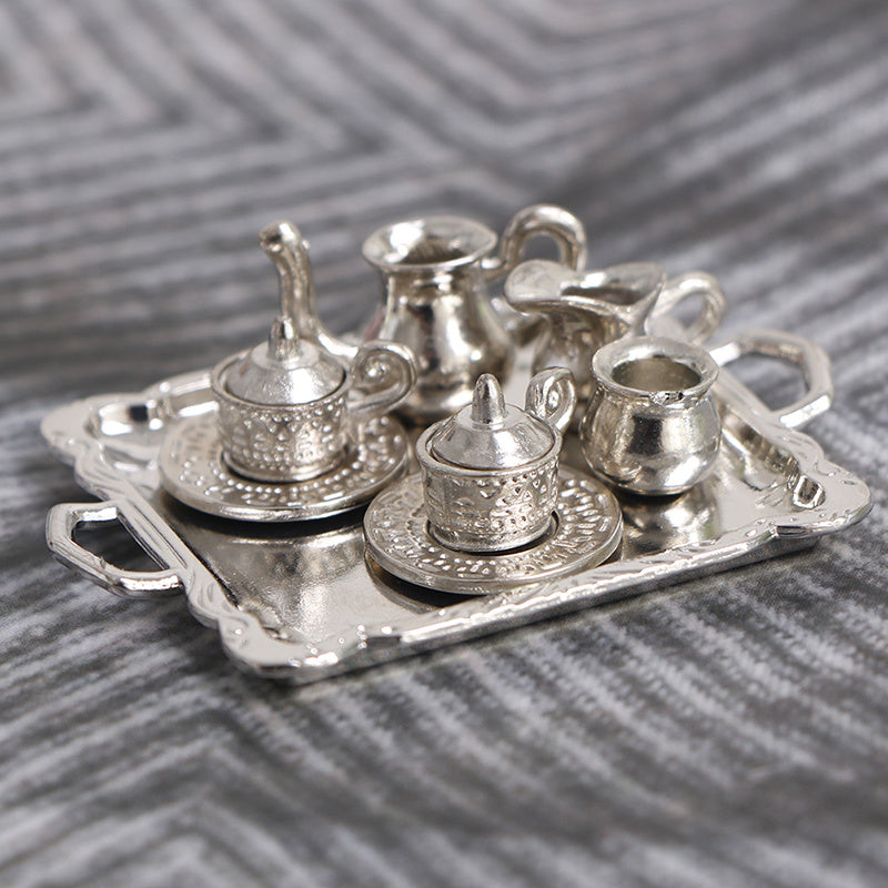 10pcs 1:12 Dollhouse Silver Metal Tea Coffee Tray Tableware Set