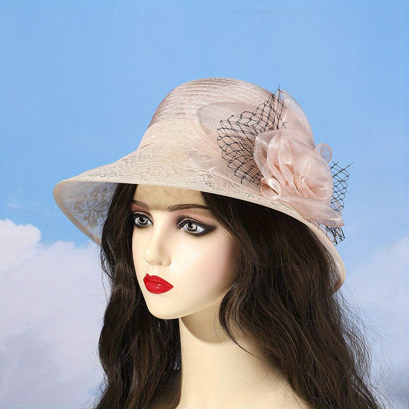 Mesh Flower Decor Bucket Hat British Style Solid Thin Basin Hat