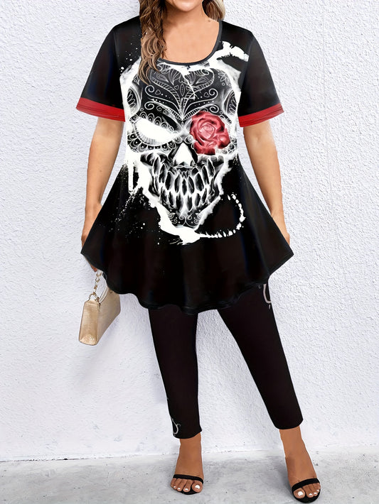 Women's Plus Size Skull & Floral Print Top & Leggings Set