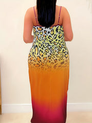  Ombre & Leopard Print V Neck Maxi Dress With Pockets