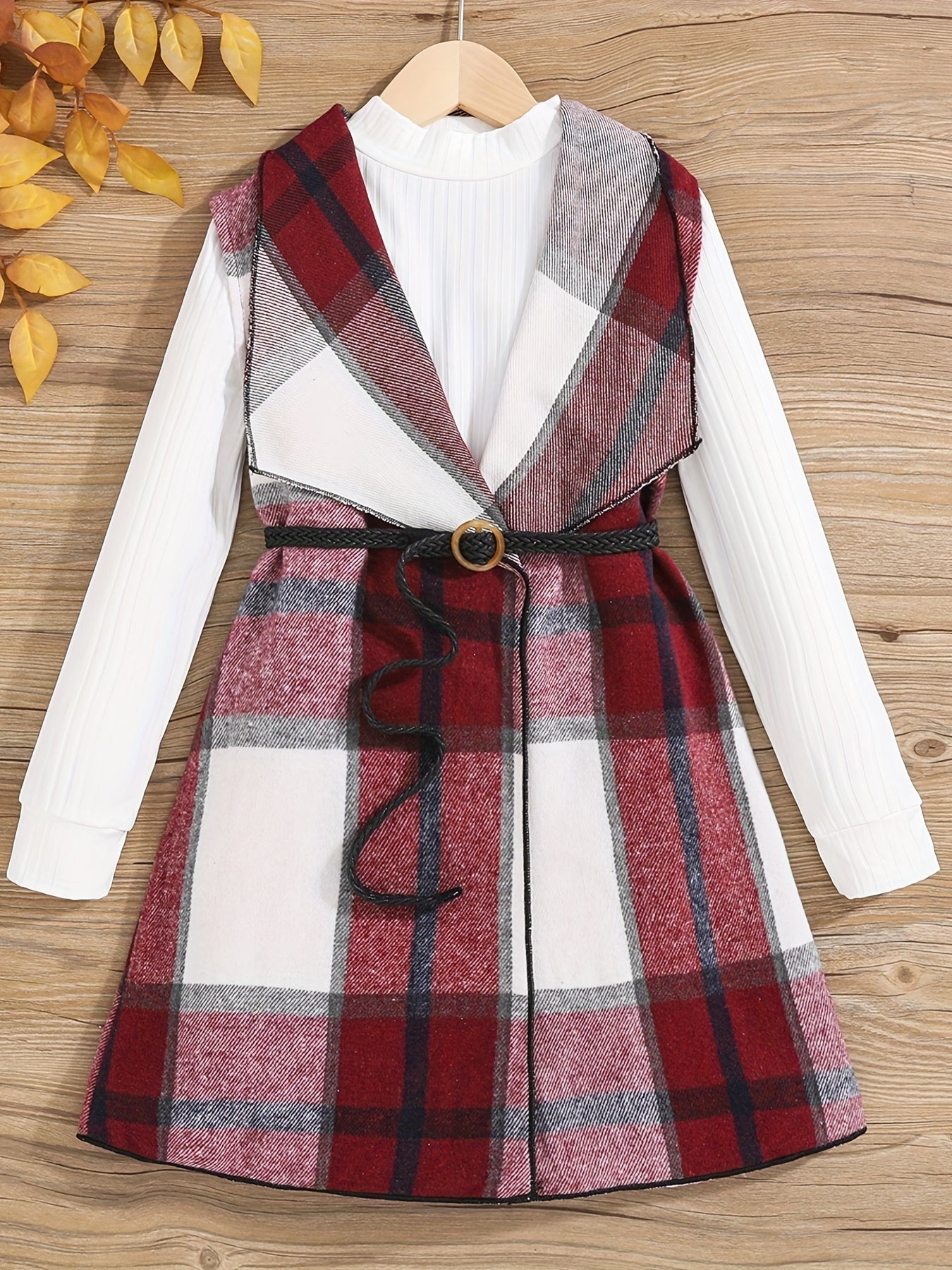 Girls' 2 Piece Mock Neck T-Shirt & Belted Vest Coat Set