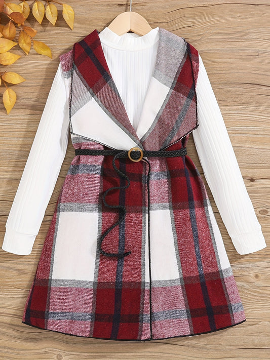 Girls' 2 Piece Mock Neck T-Shirt & Belted Vest Coat Set