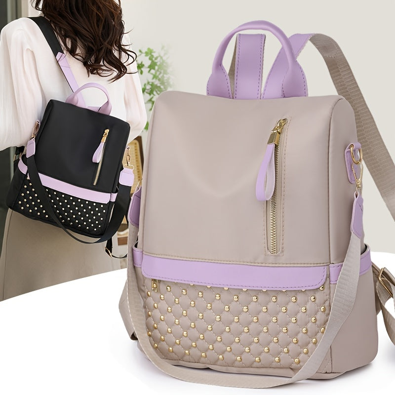 Oxford Cloth Backpack Purse Studded Decor Convertible Shoulder Bag