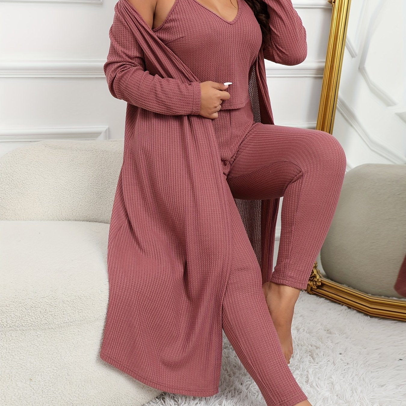  Waffle V Neck Cami Top, Skinny Pants & Cardi Set