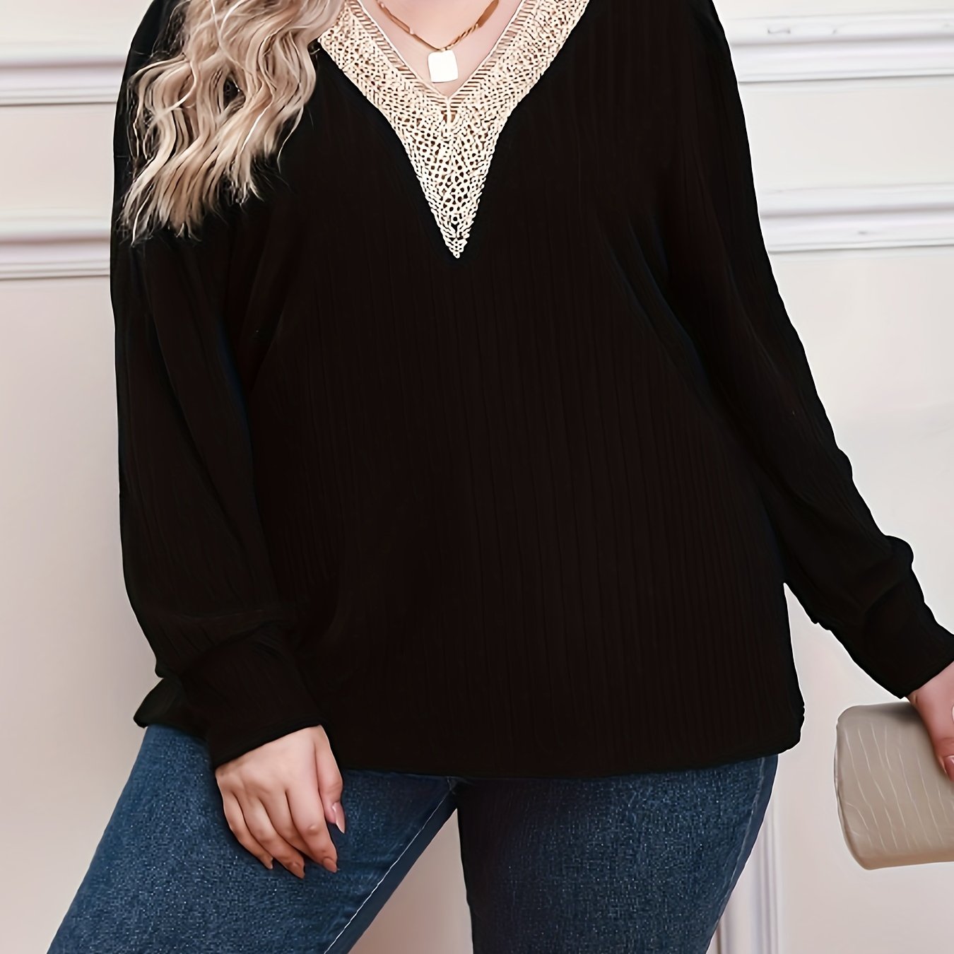  Colorblock Lace Long Sleeve V Neck Sweater