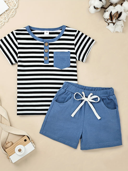 Baby Casual Striped Pocket T-shirt & Shorts Set for Summer