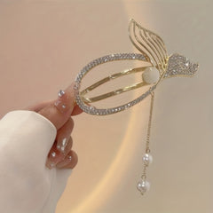 4pcs Rhinestone Shark Claw Fishtail Hair Clip with Pearl Pendant