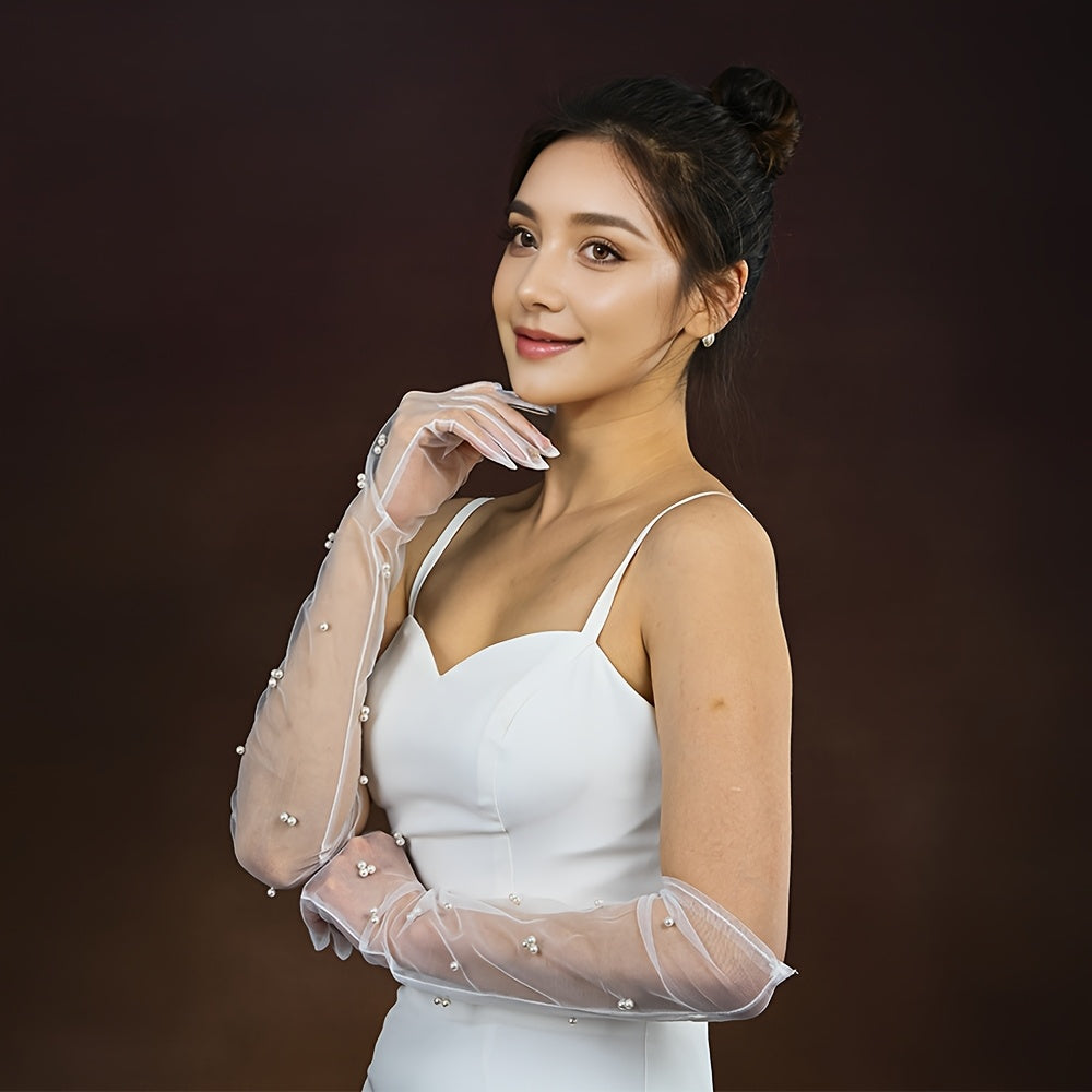 Classic Beaded Bridal Gloves with Arm Coverage