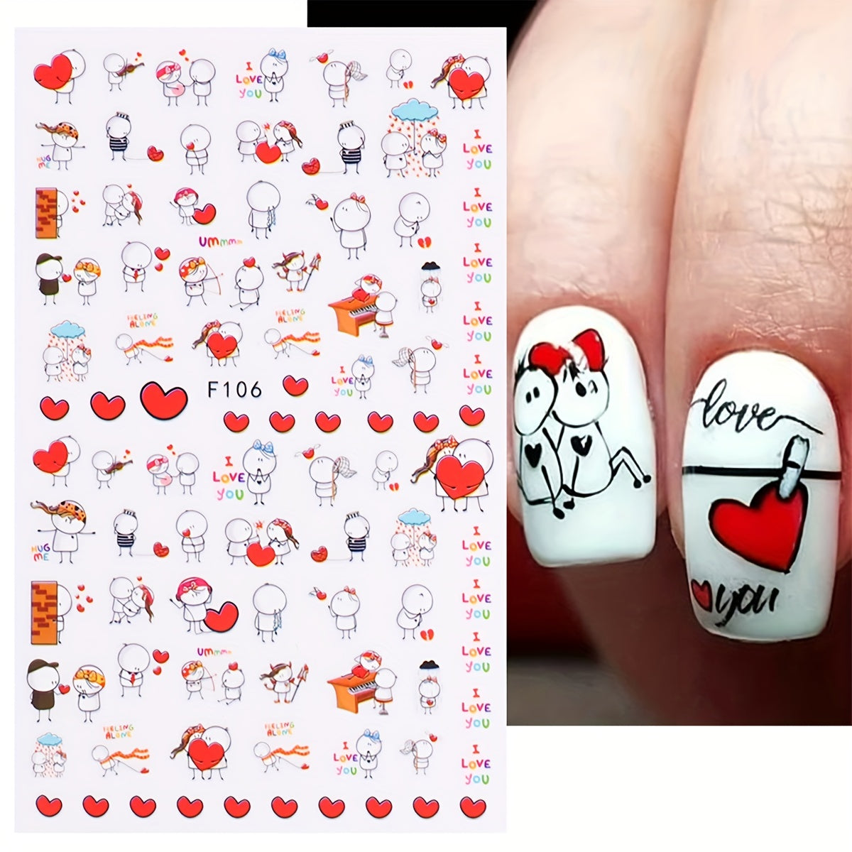 6 Sheets Heart Nail Art Stickers Self Adhesive Cartoon Decals