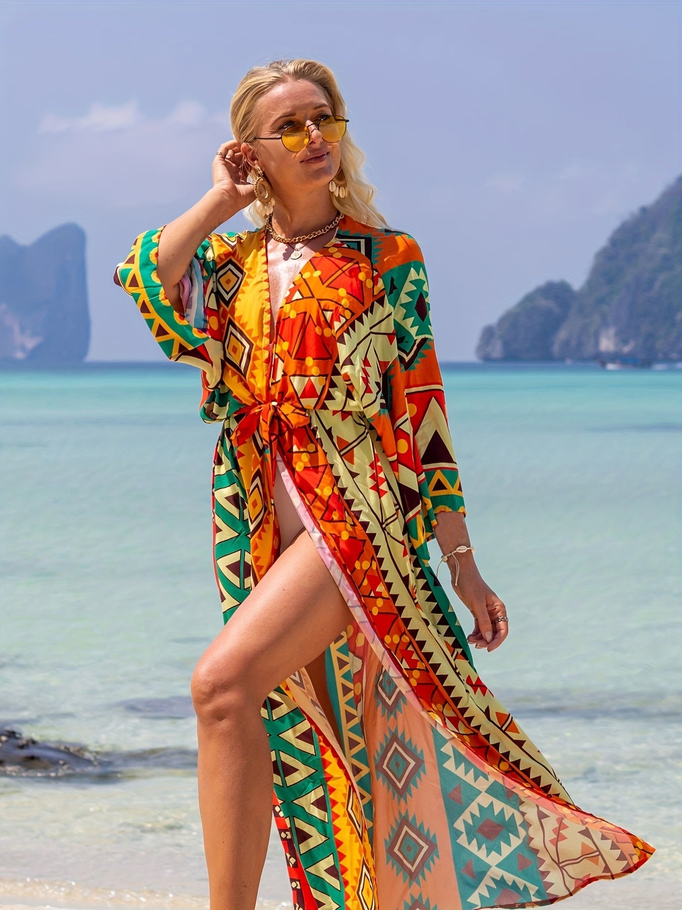  Tribal Print Half Sleeve V Neck Cover Up Robe