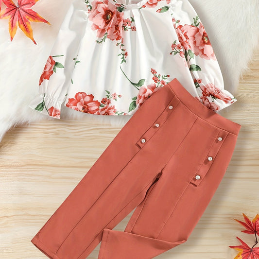 Floral Trumpet Sleeve Shirt & Button Pants Set for Toddler Girl