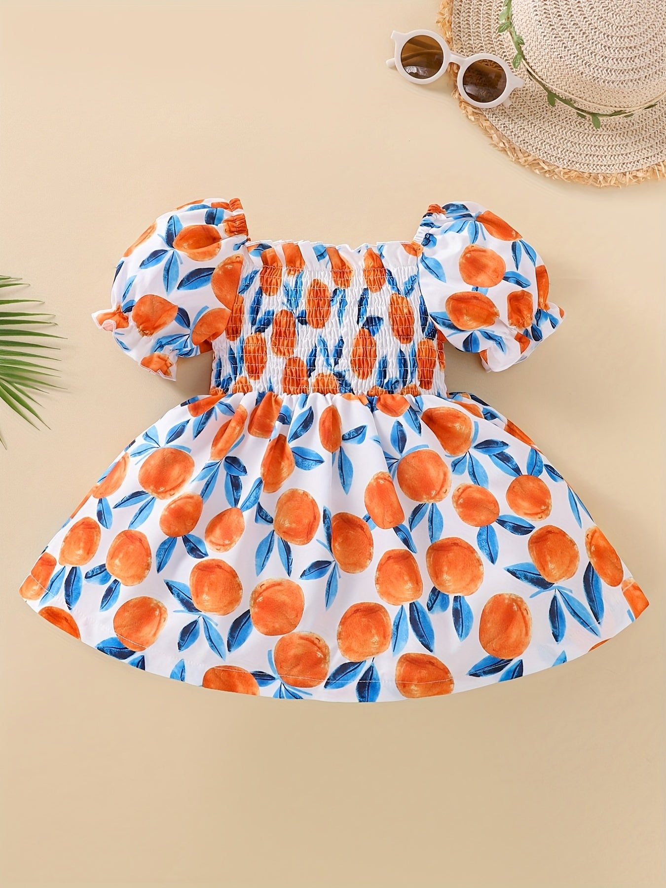Sweet Girls Allover Print Shirred Puffy Sleeve Dress
