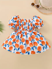 Sweet Girls Allover Print Shirred Puffy Sleeve Dress