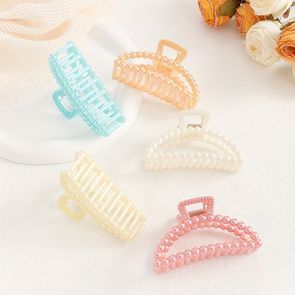5pcs Beaded Hair Claw Clip Jelly Nonslip Ponytail Holder Shark Claw