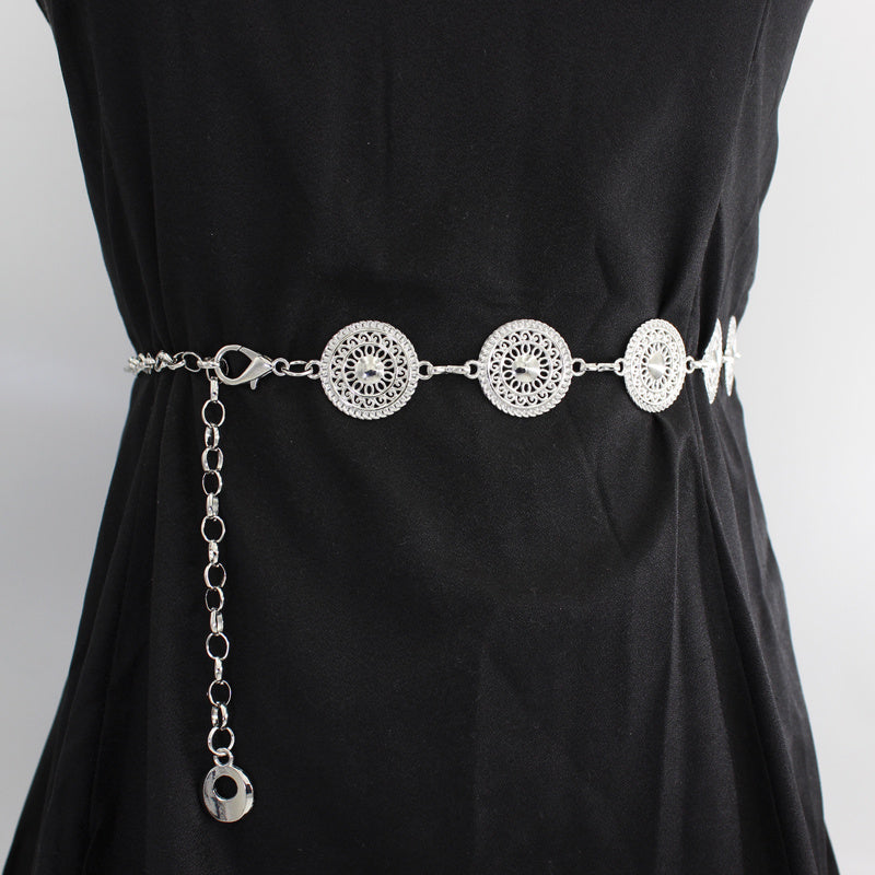 Women's Metal Chain Decoration Dress Belt Hollow Out Leaf Bead Pendant
