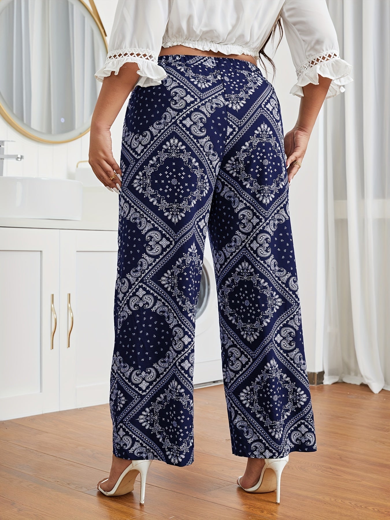  Paisley Print Ruched Wide Leg Pants