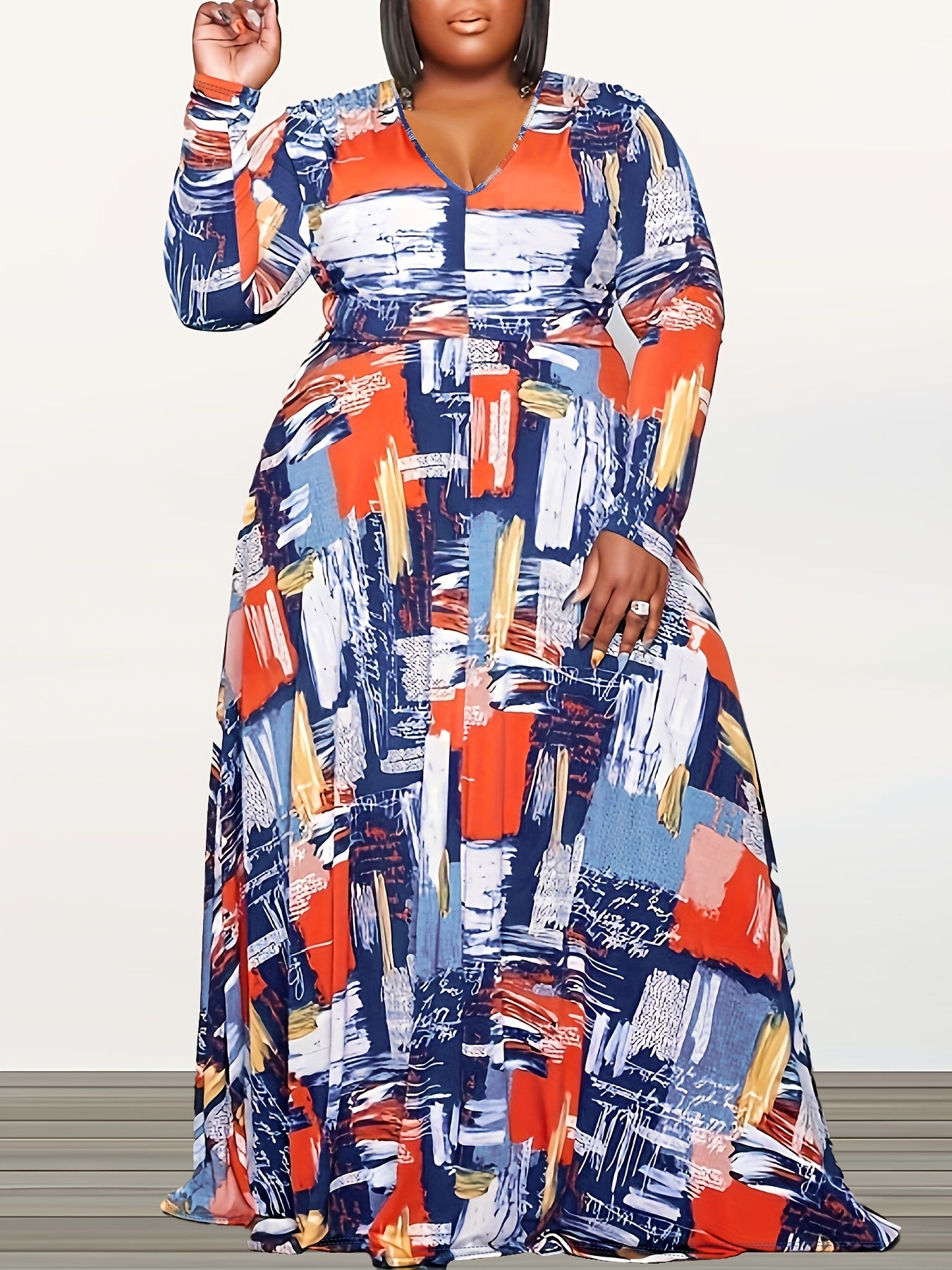  Allover Print V Neck Maxi Dress