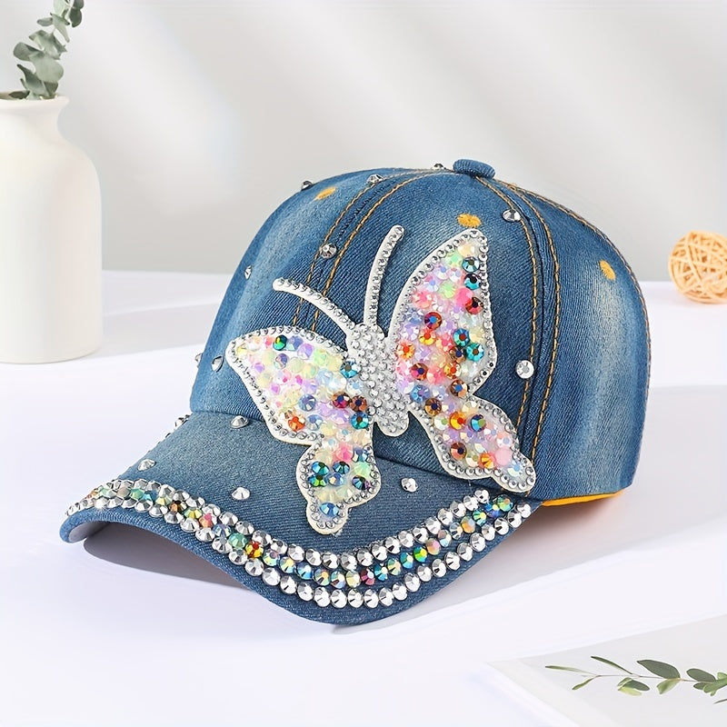 Colorful Rhinestone Butterfly Baseball Cap Patch Distressed Dad Hat