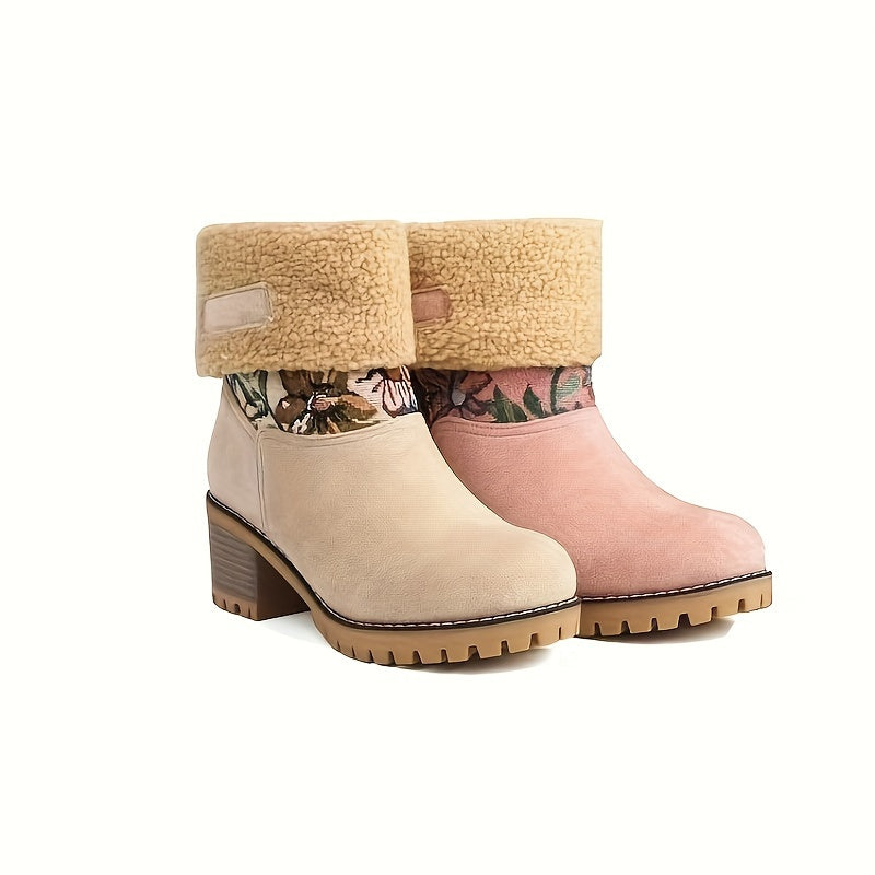 Ethnic Style Flower Pattern Chunky Snow Boots Plush Lined Thermal Snow Shoes