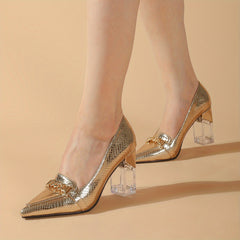 Women's Chain Decor Heels Pointed Toe Slip On Pumps High Heel Shoes