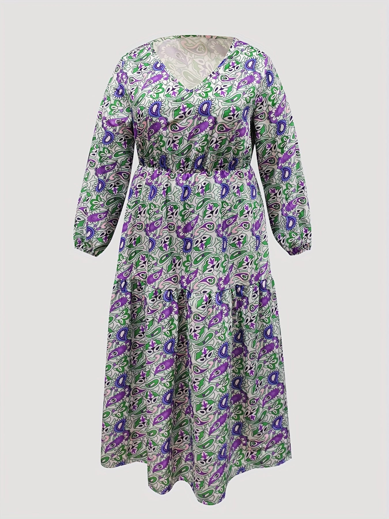 Boho Paisley Print Lantern Sleeve V Neck Smock Dress
