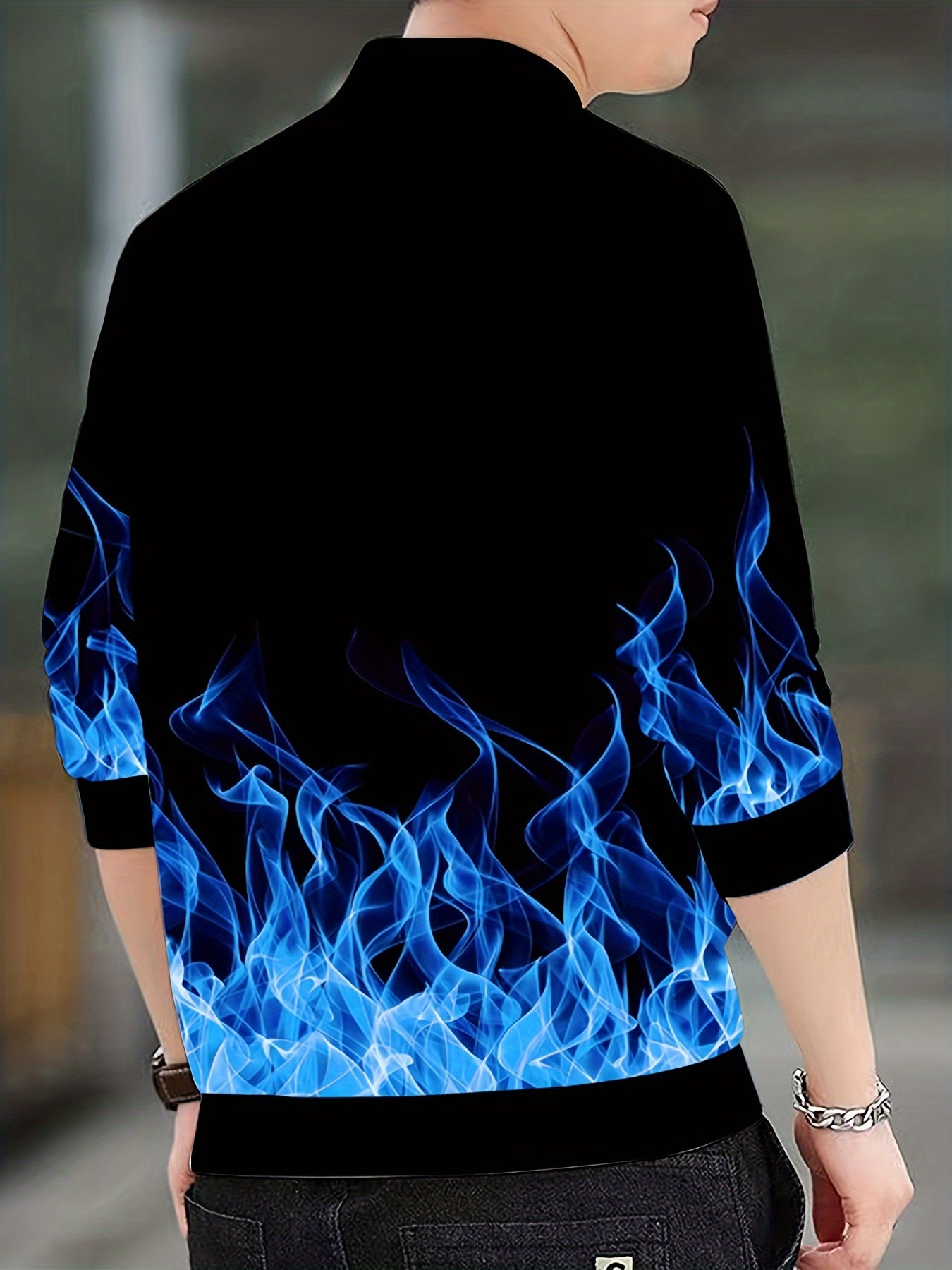 Men's Flame Pattern Zip Up Varsity Jacket