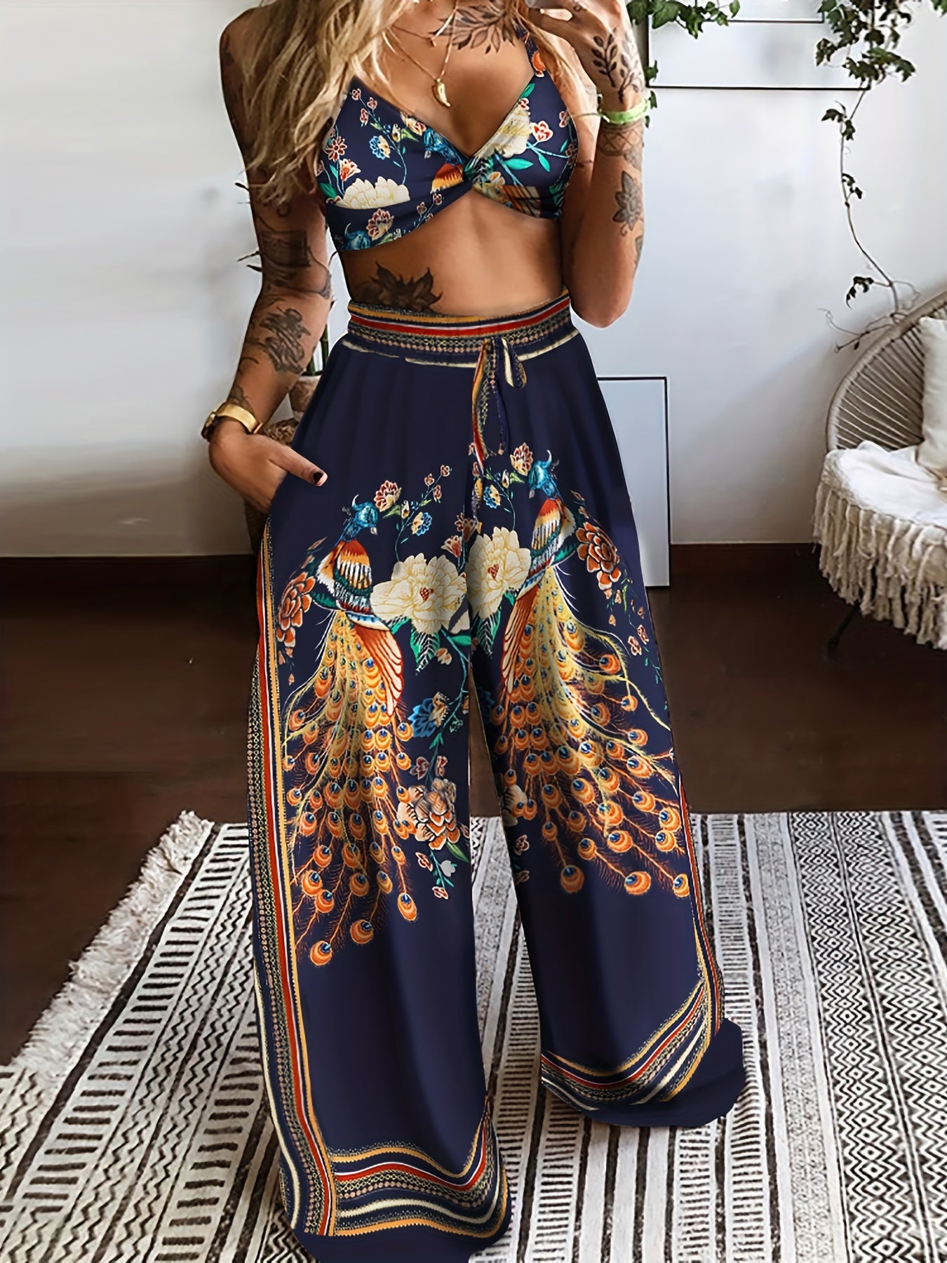 Boho Butterfly Print Two piece Set Crop Cami Top & Wide Leg Pants