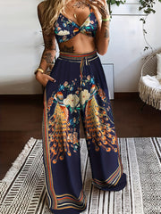 Boho Butterfly Print Two piece Set Crop Cami Top & Wide Leg Pants