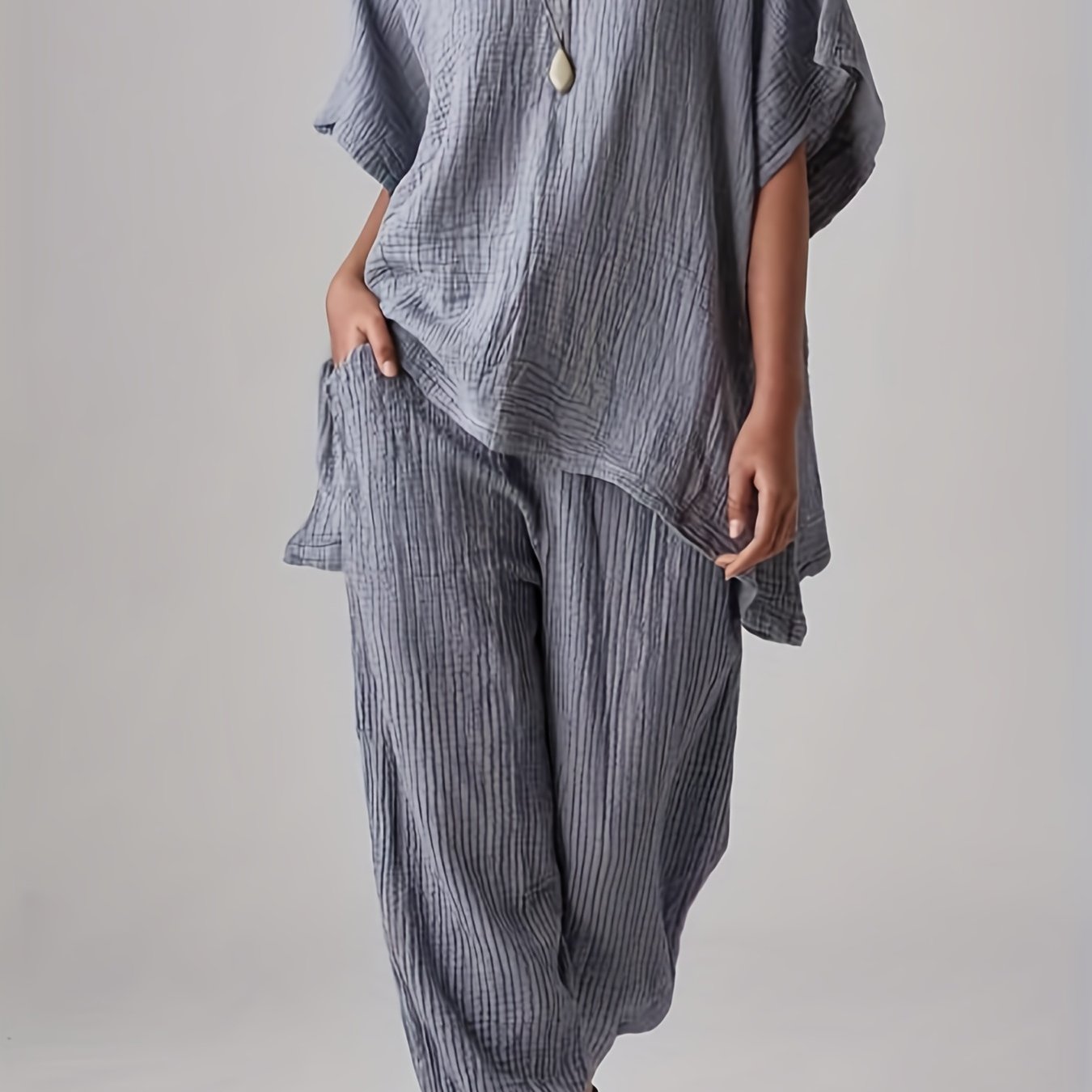 Solid Casual Two piece Set Crew Neck Loose Tops & Elastic Waist Jogger Pants