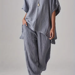 Solid Casual Two piece Set Crew Neck Loose Tops & Elastic Waist Jogger Pants