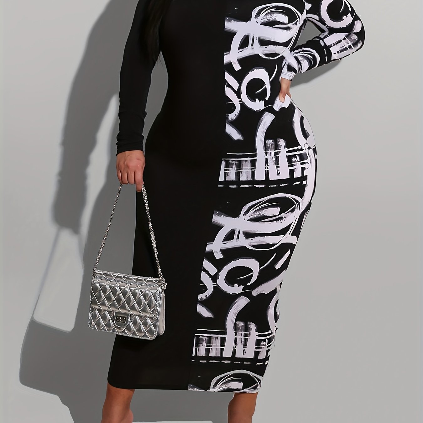  Colorblock Graffiti Print Off Shoulder Bodycon Midi Dress